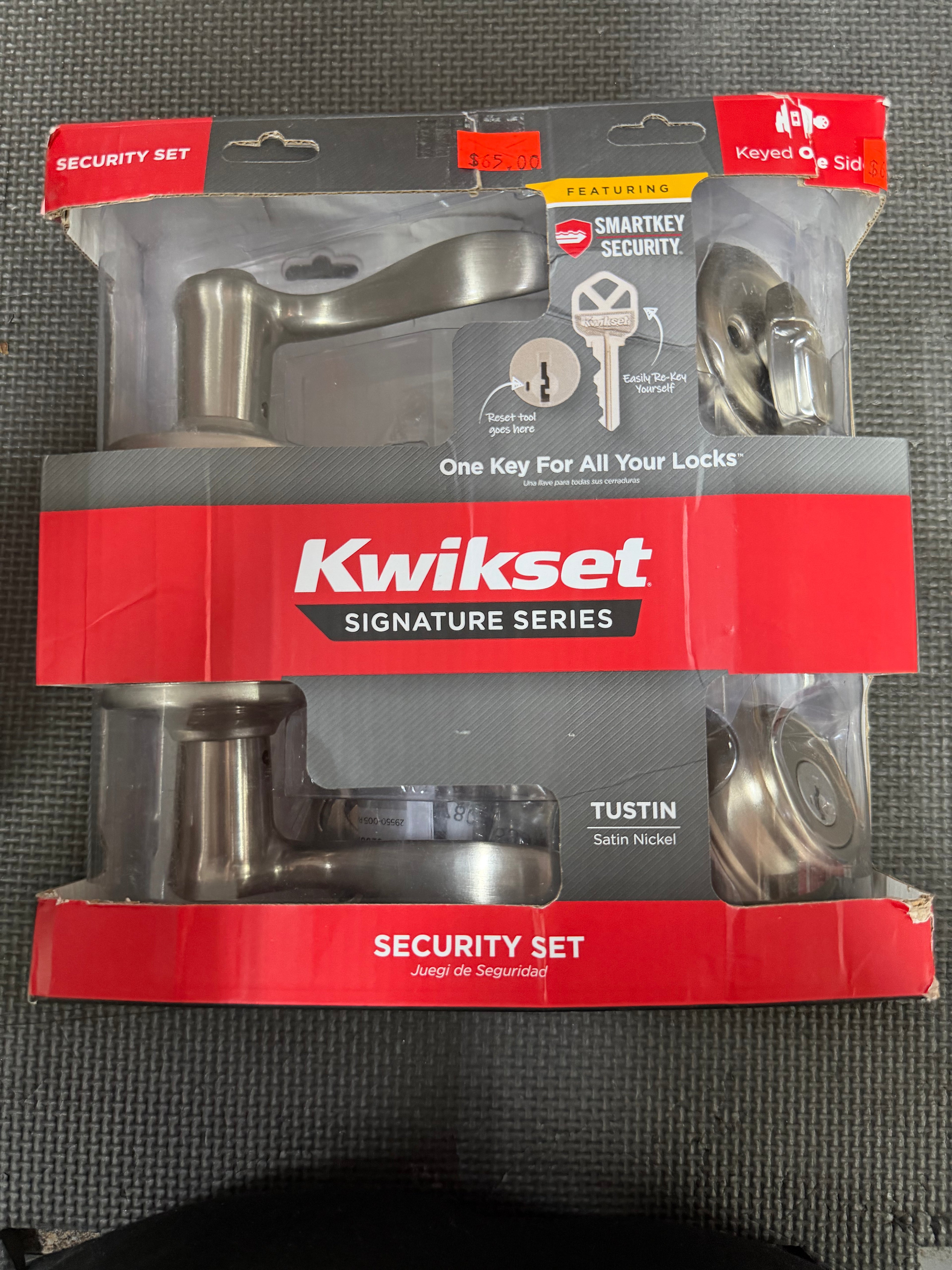 Kwikset Tustin Satin Nickel Exterior Entry Door Handle and Single Cylinder Deadbolt Combo Pack Featuring SmartKey Security