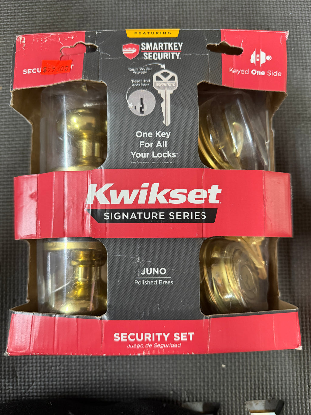Kwikset Juno Polished Brass Exterior Entry Door Knob and Single Cylinder Deadbolt Combo Pack Featuring SmartKey Security